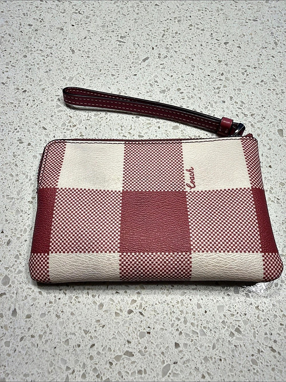 Coach Corner Zip Wristlet With Gingham Print Red & Cream